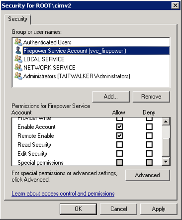 Cisco Firepower User Agent for Active Directory  -  Security settings for AD service account